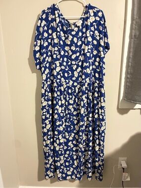 Blue Floral Maxi Dress with White Blossom Print